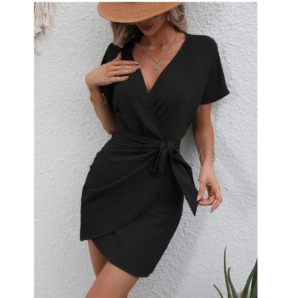 Black Wrap Side Tie Mini Dress Short Sleeves - Picture 6 of 9